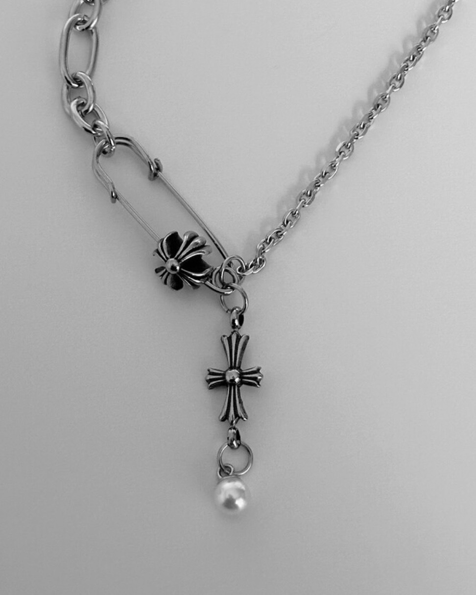 韓國 OFUSE pearl drop necklace 鋼 克羅心 別針 珍珠 項鍊