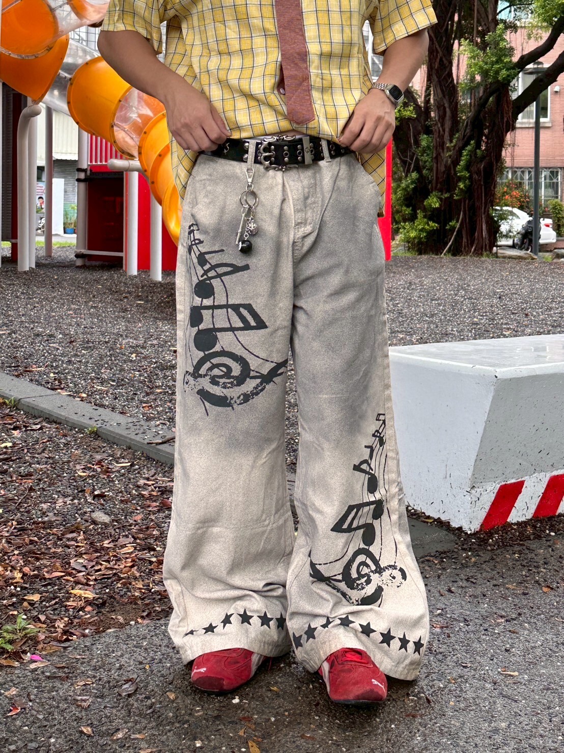 音符星星塗鴉★🎵 漸變髒染直筒牛仔褲