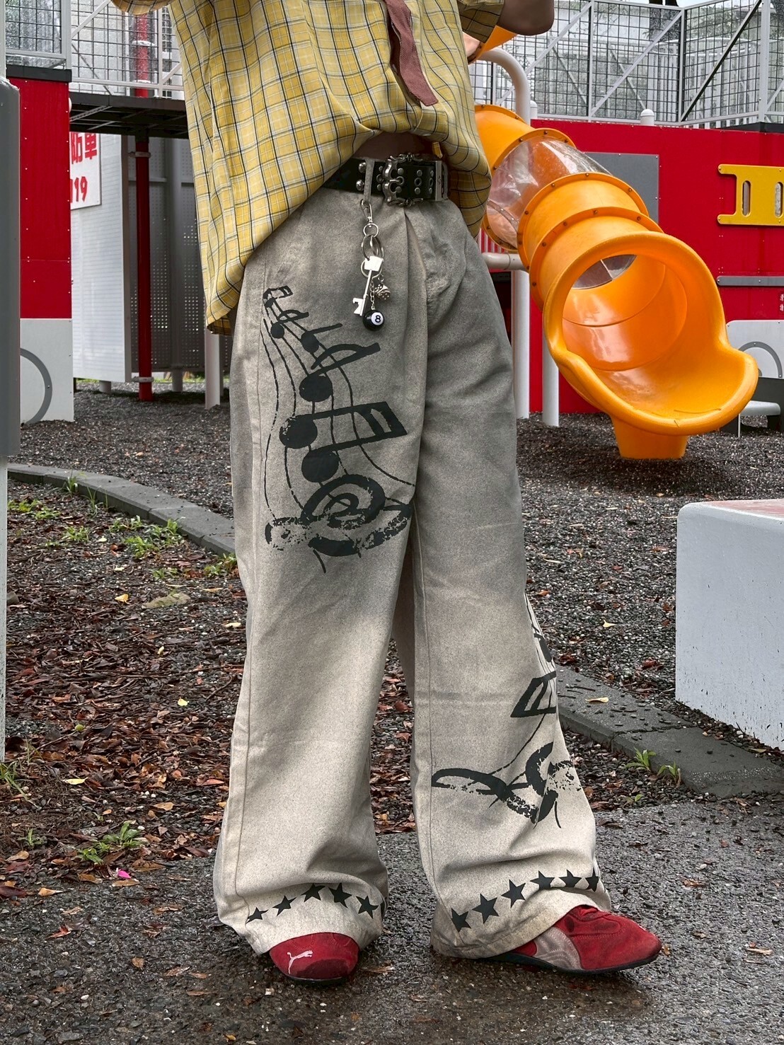 音符星星塗鴉★🎵 漸變髒染直筒牛仔褲