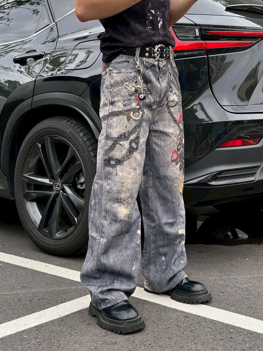 美式街頭感印花褲鏈牛仔褲