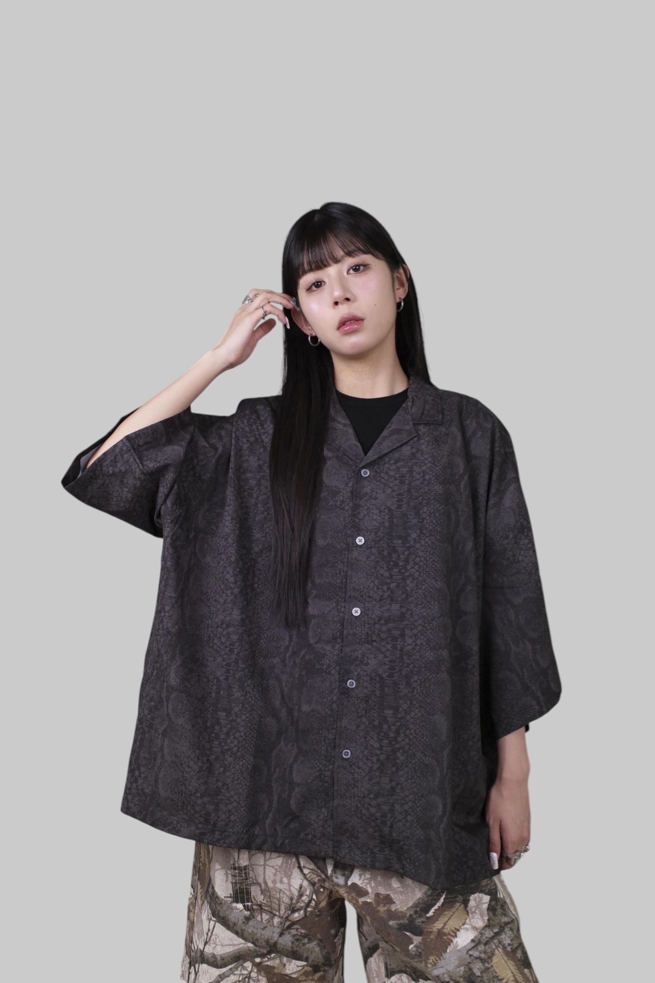 『Always_Good』蛇紋 輕薄 寬鬆 闊版 短袖襯衫