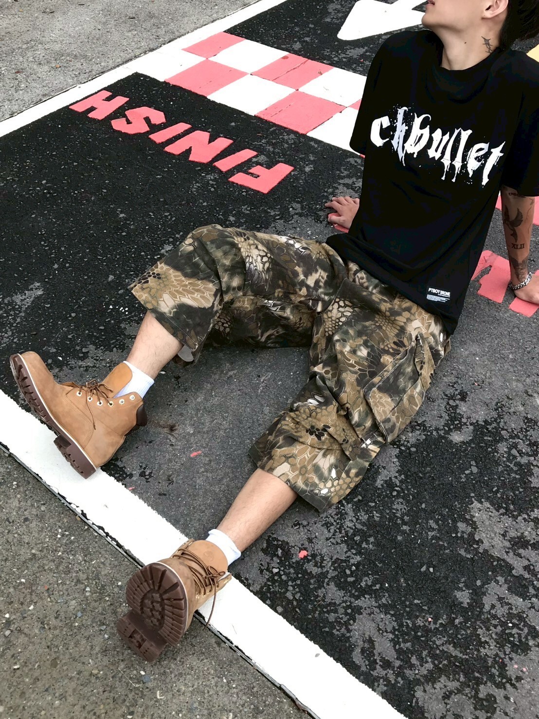 蛇紋迷彩 褶皺工裝七分褲