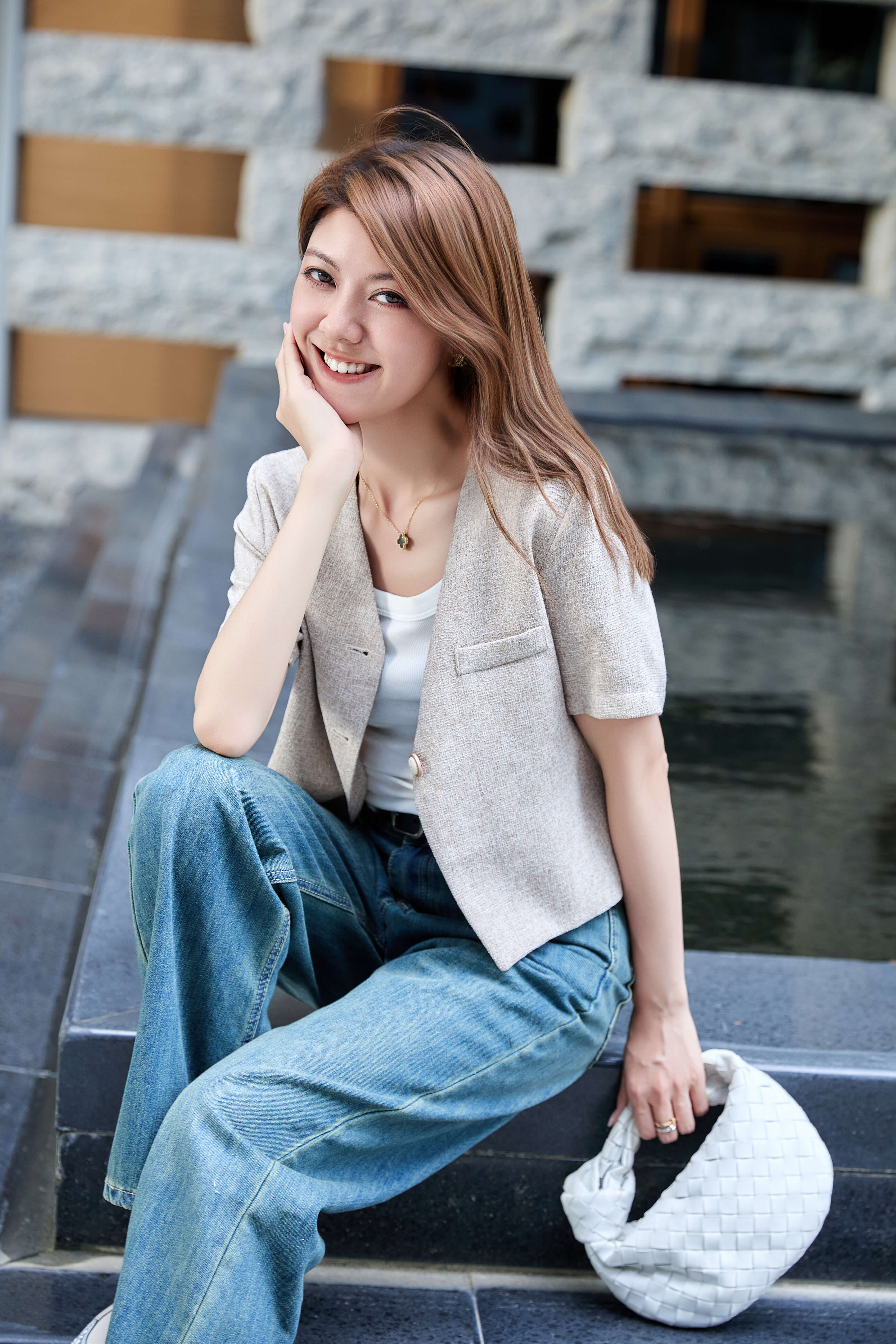 Short Sleeve Linen-Blend Cropped Blazer_BZ257L06