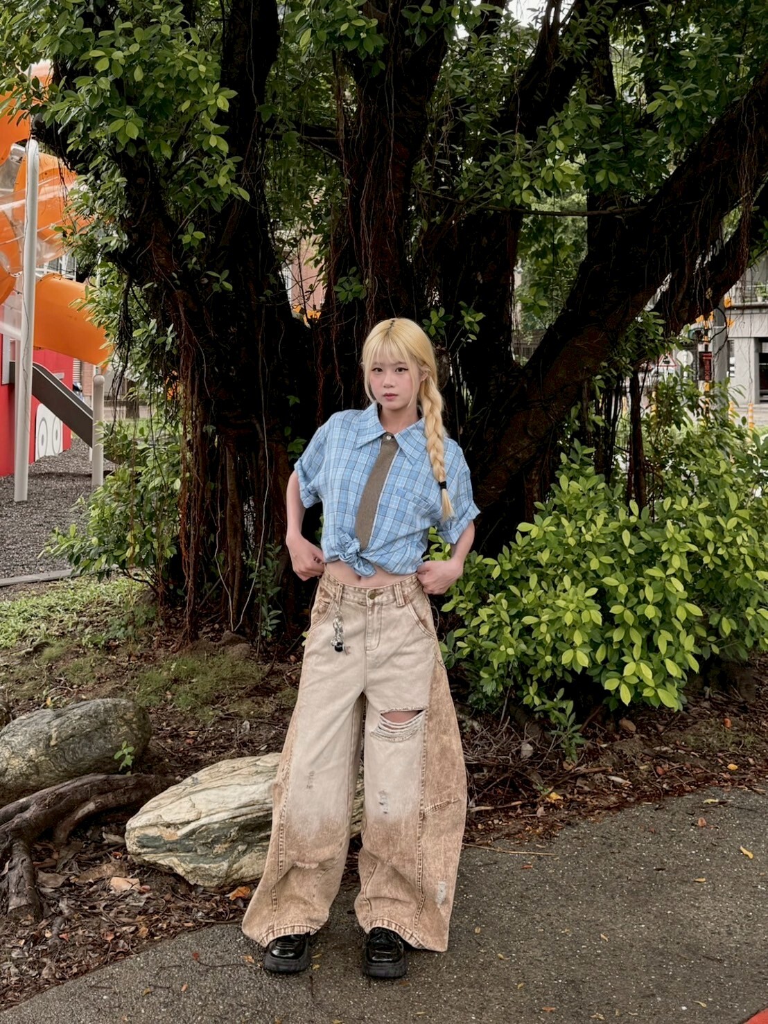 couple outfit 俏皮領帶格子襯衫2colors