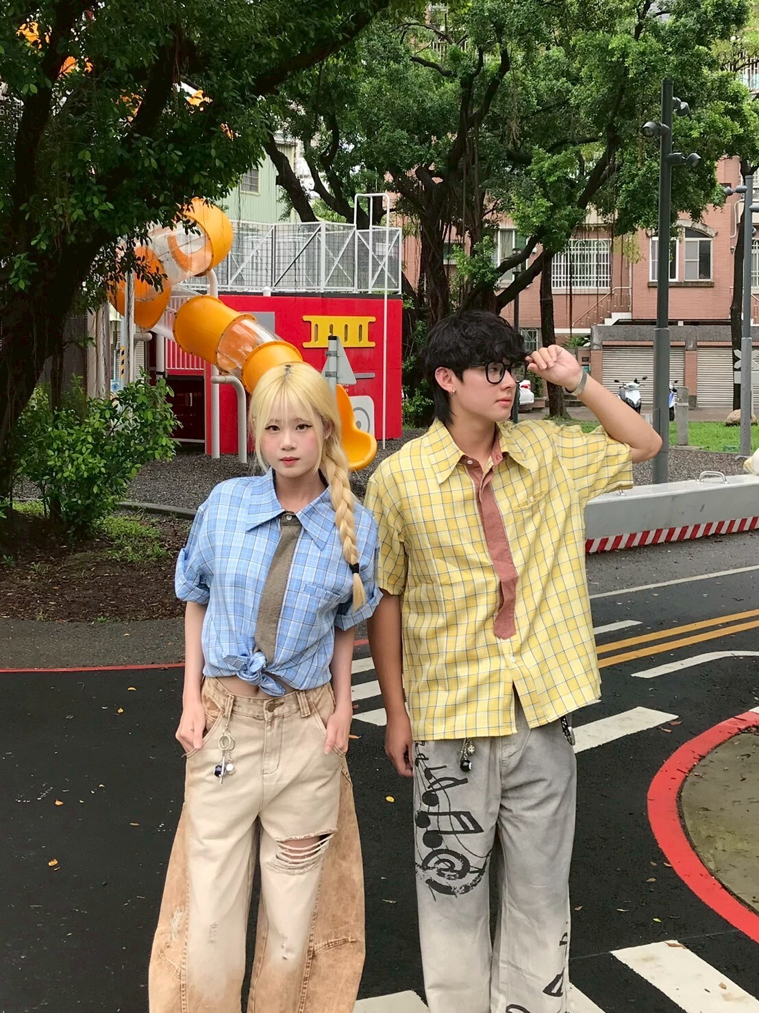 couple outfit 俏皮領帶格子襯衫2colors