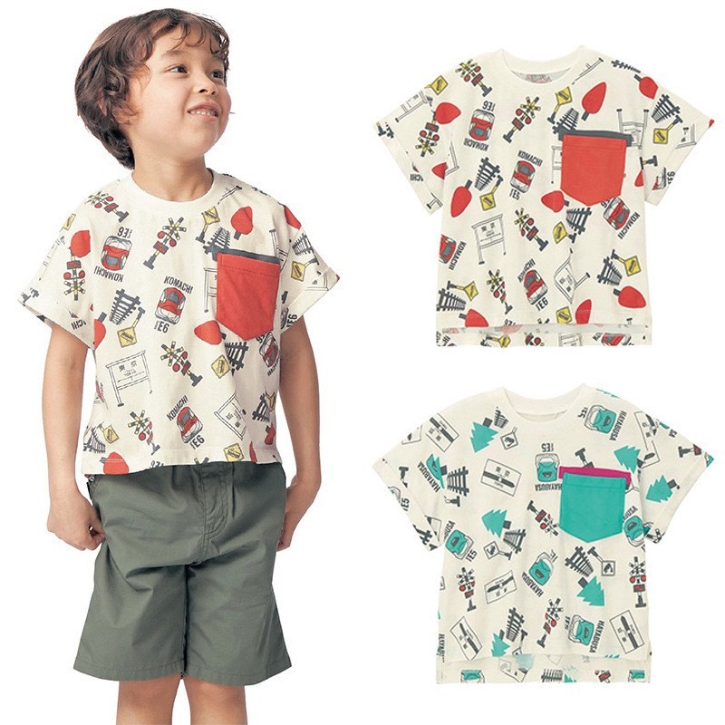 兒童新幹線拼色胸袋印花短袖衫-2501689