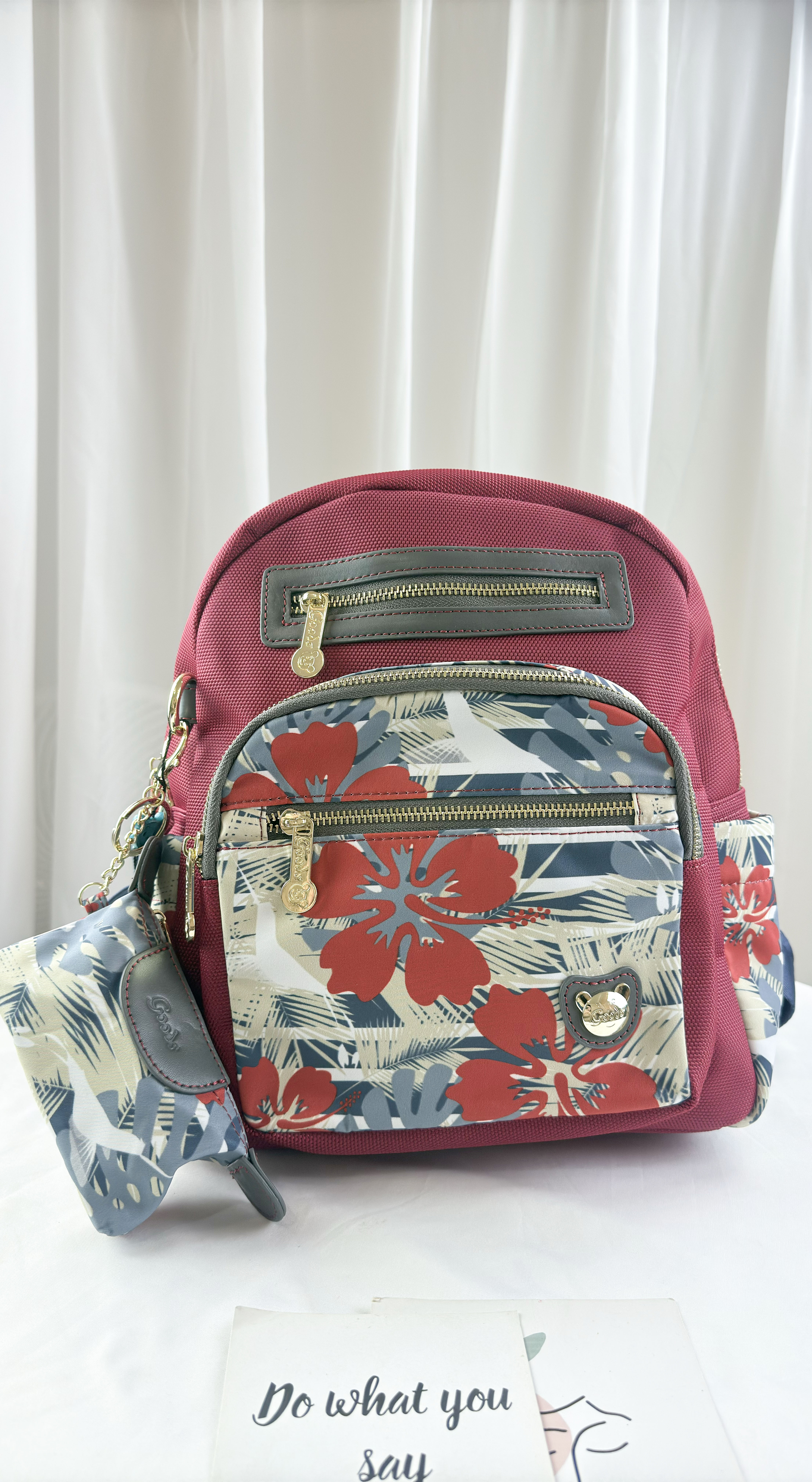 GOODS  紅花朵拼色防潑水後背包 附零錢包 #2867