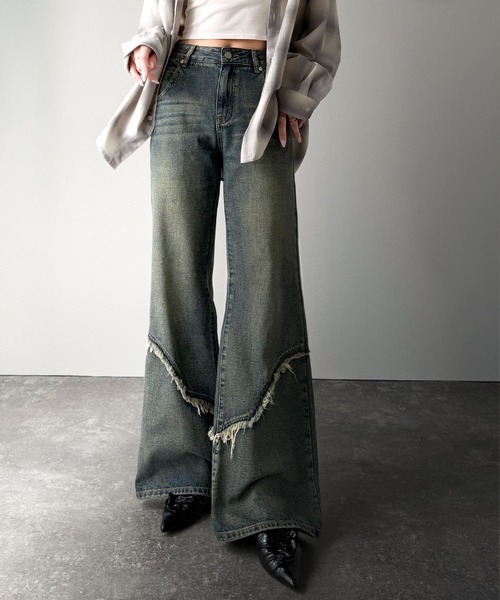 日本🇯🇵連線 Mily Bilet 復古作舊流蘇剪裁牛仔喇叭褲 喇叭褲 牛仔褲 流蘇 剪裁設計 復古作舊 3色(任買兩件711免運)/預購