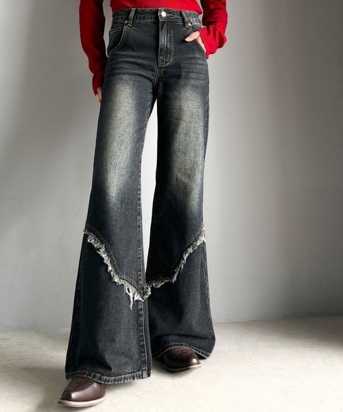 日本🇯🇵連線 Mily Bilet 復古作舊流蘇剪裁牛仔喇叭褲 喇叭褲 牛仔褲 流蘇 剪裁設計 復古作舊 3色(任買兩件711免運)/預購