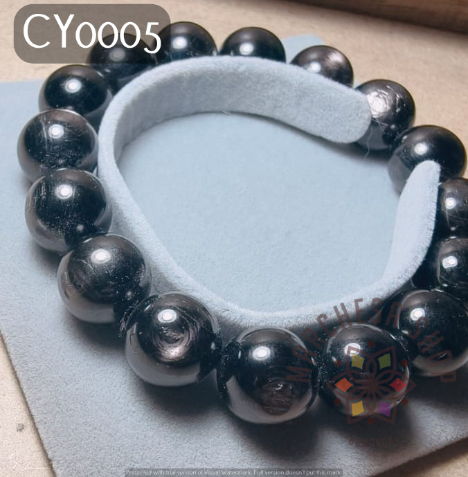 CY0005 - 【極度招財 招財之石】天然金運石(黑銀線) 14mm 手串