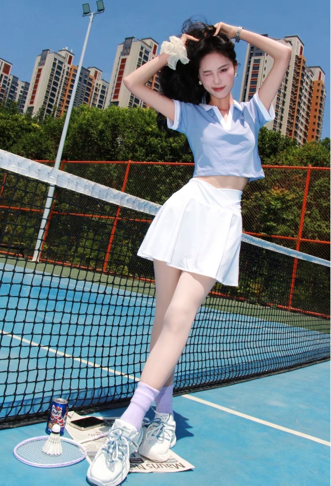 Kawasaki 小蠻腰辣妹運動裙套裝 女款 網球裙短袖上衣 兩件組 藍白配色🔥Aug25