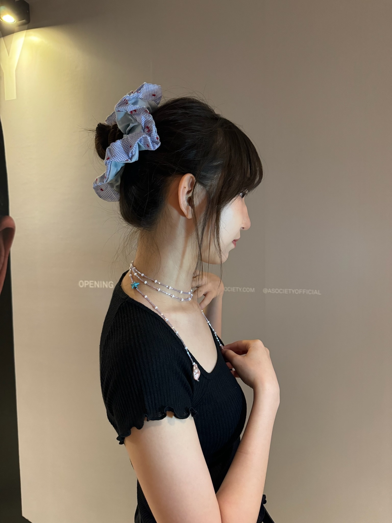 #BA0014 藍格荷葉邊豬腸髮圈