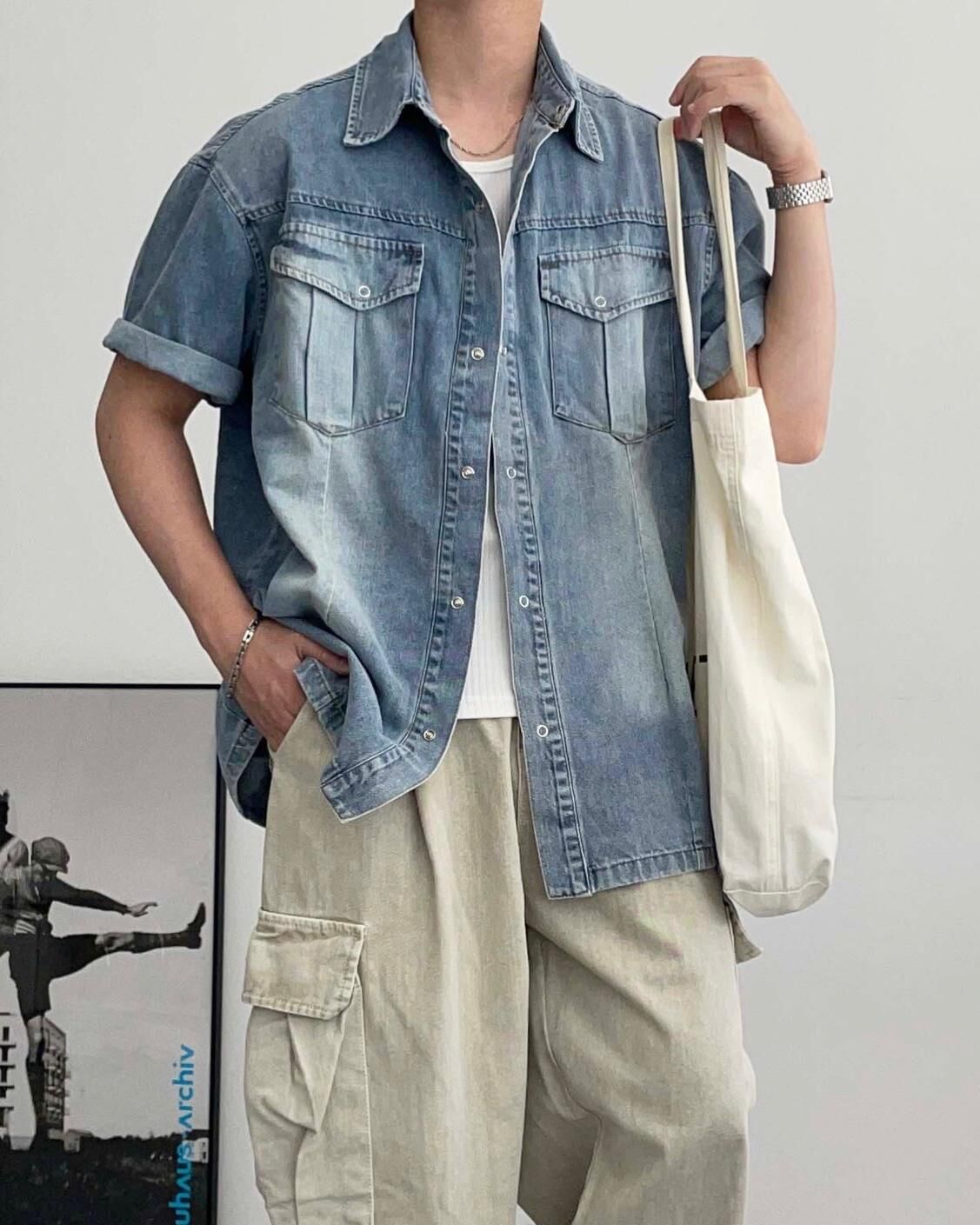 洗水牛仔短袖恤衫 Lowell-067S