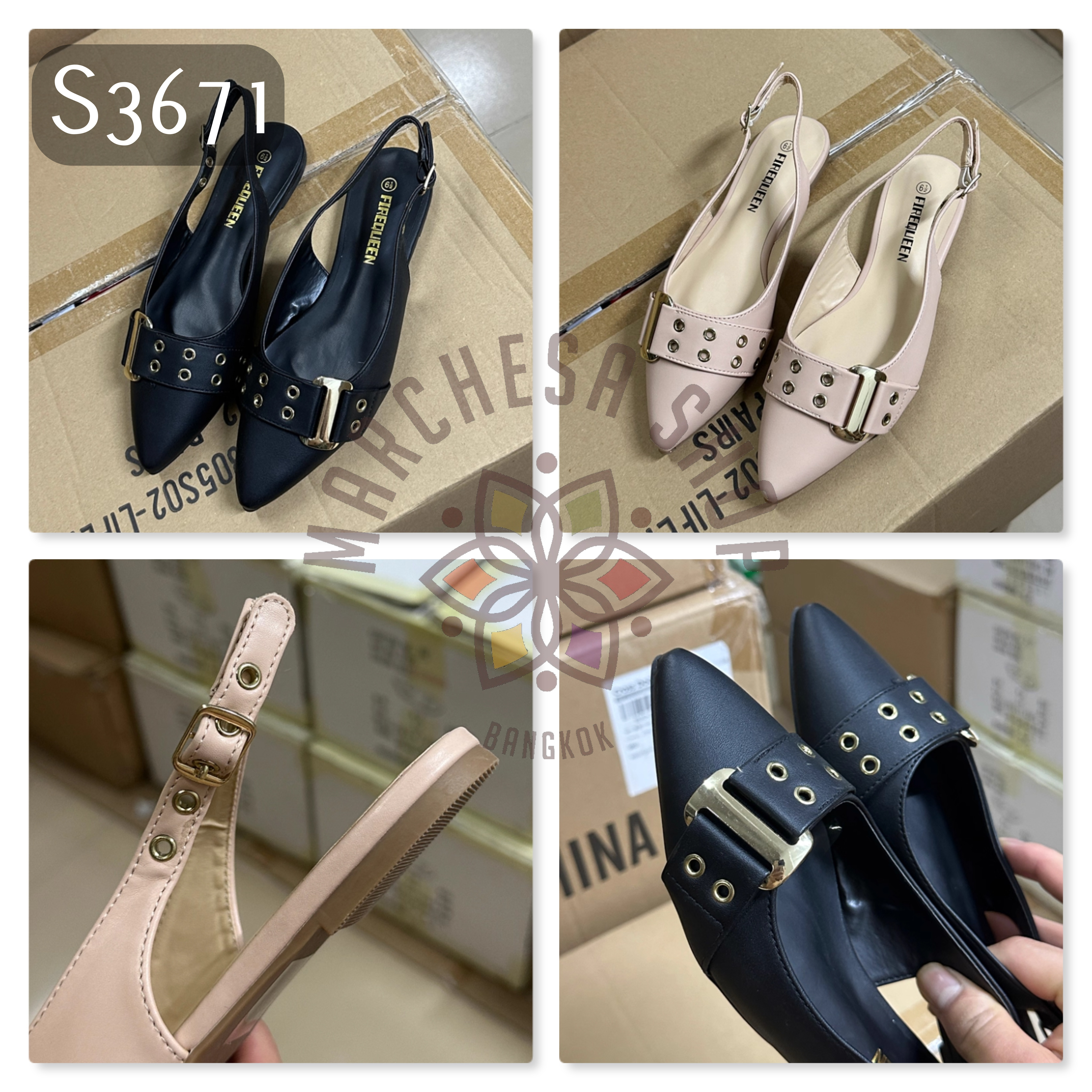 S3671 - 牛皮皮帶扣尖頭平底涼鞋