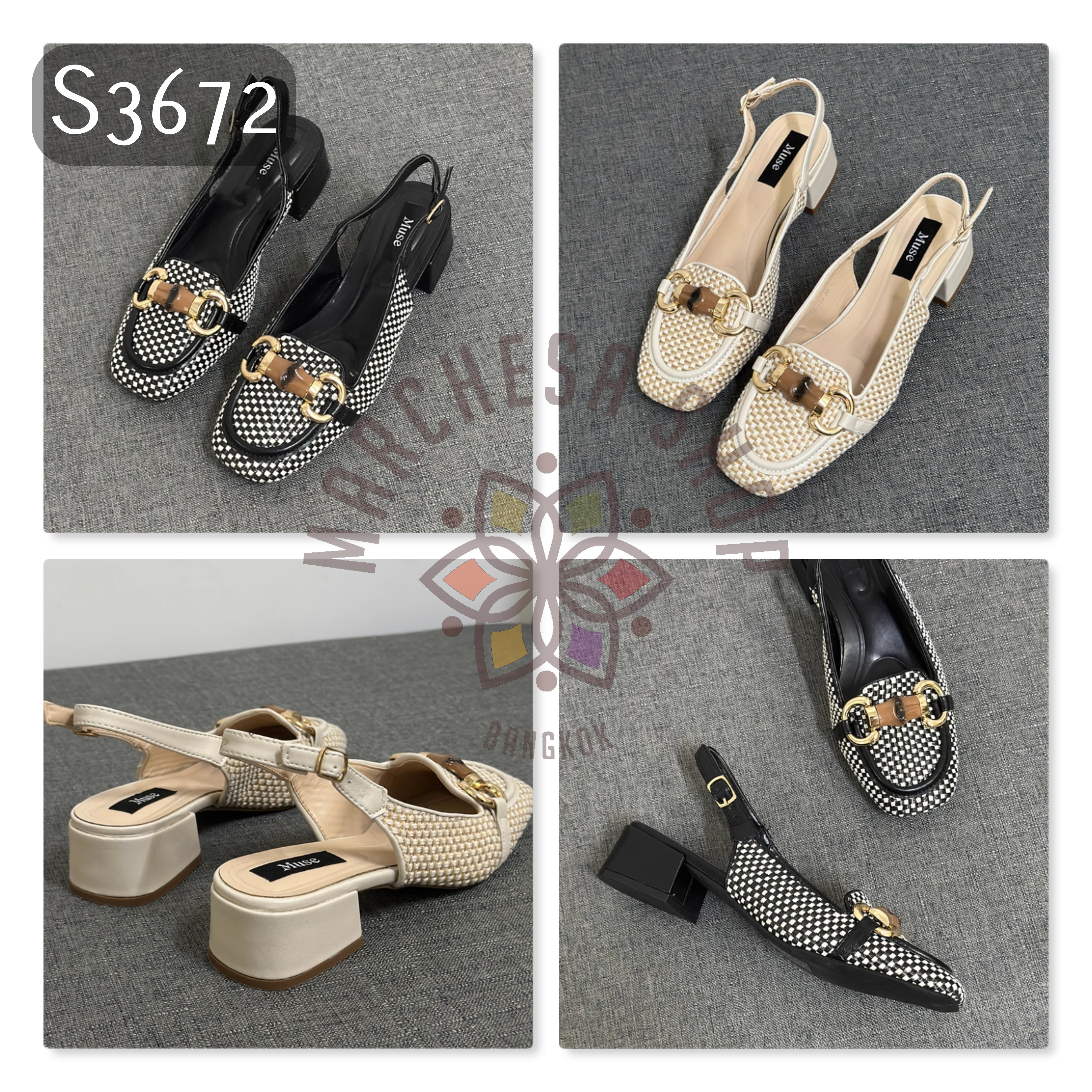 S3672 - 牛皮D扣格紋方頭低踭涼鞋