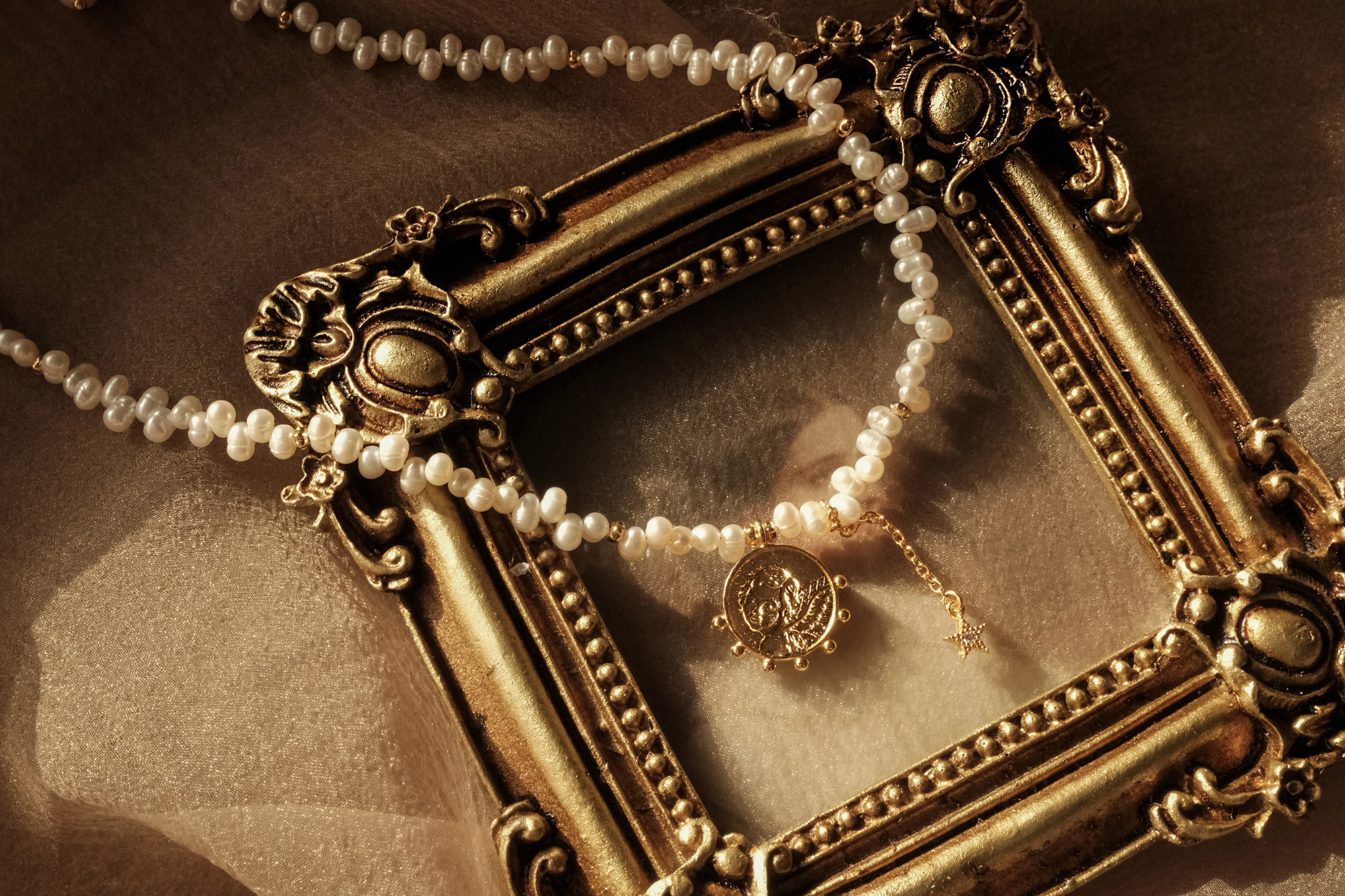 黃銅飾品, 項鍊, 飾品, 黃銅, 鋯石,天使,天然珍珠,氣質,仙氣