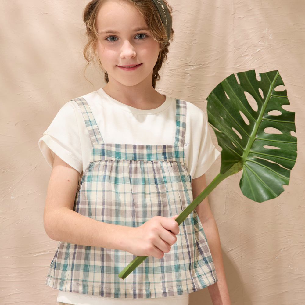 PIPPY典雅格紋配色兩件式吊帶式短袖上衣 綠