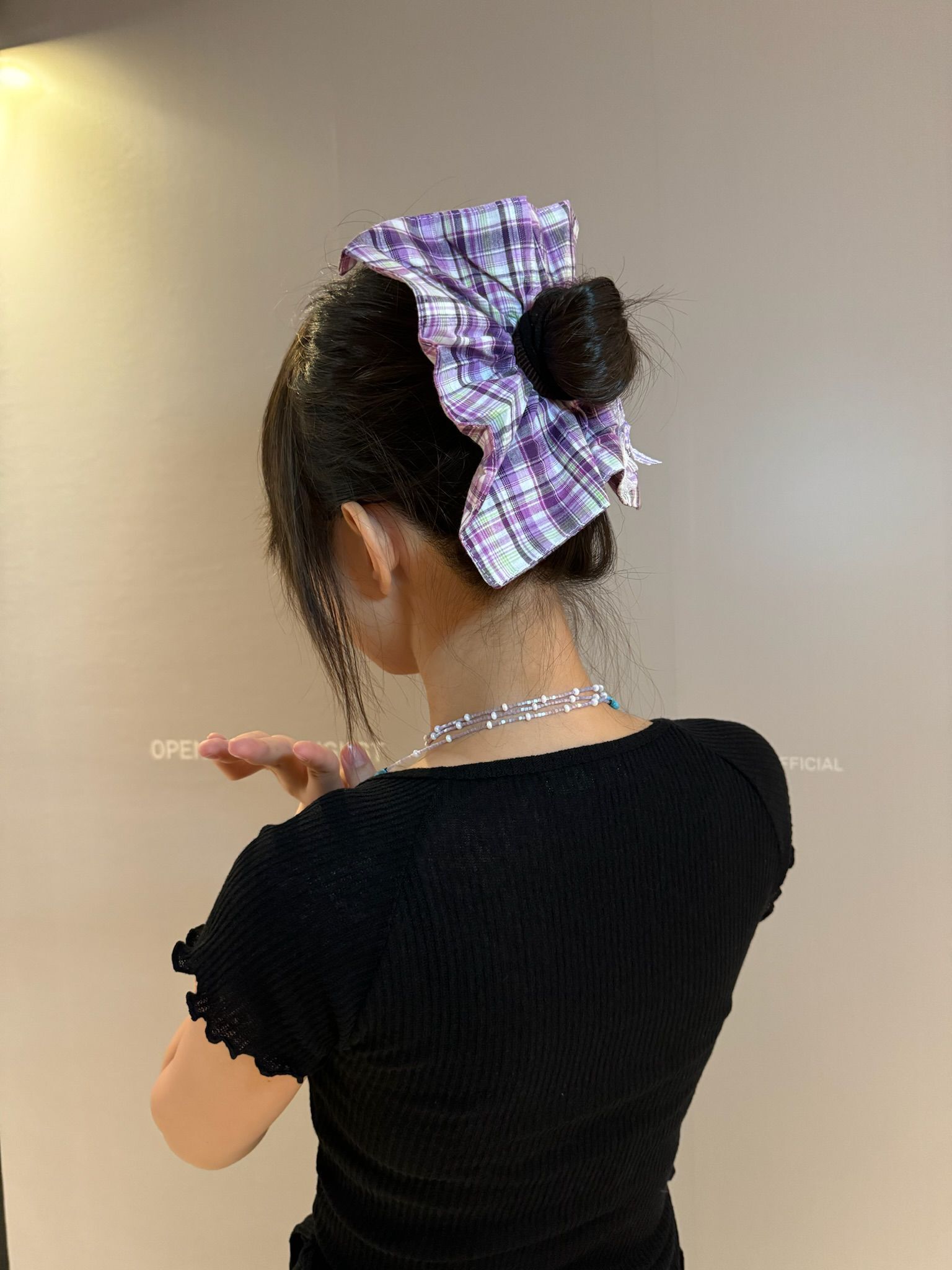 紫白格子四方髮圈
