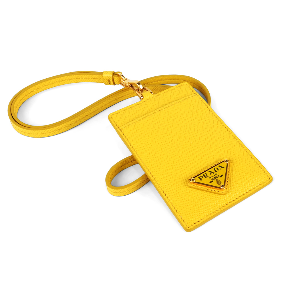 【Prada】三角牌Logo 防刮皮革掛式證件套/卡夾(豔陽黃)