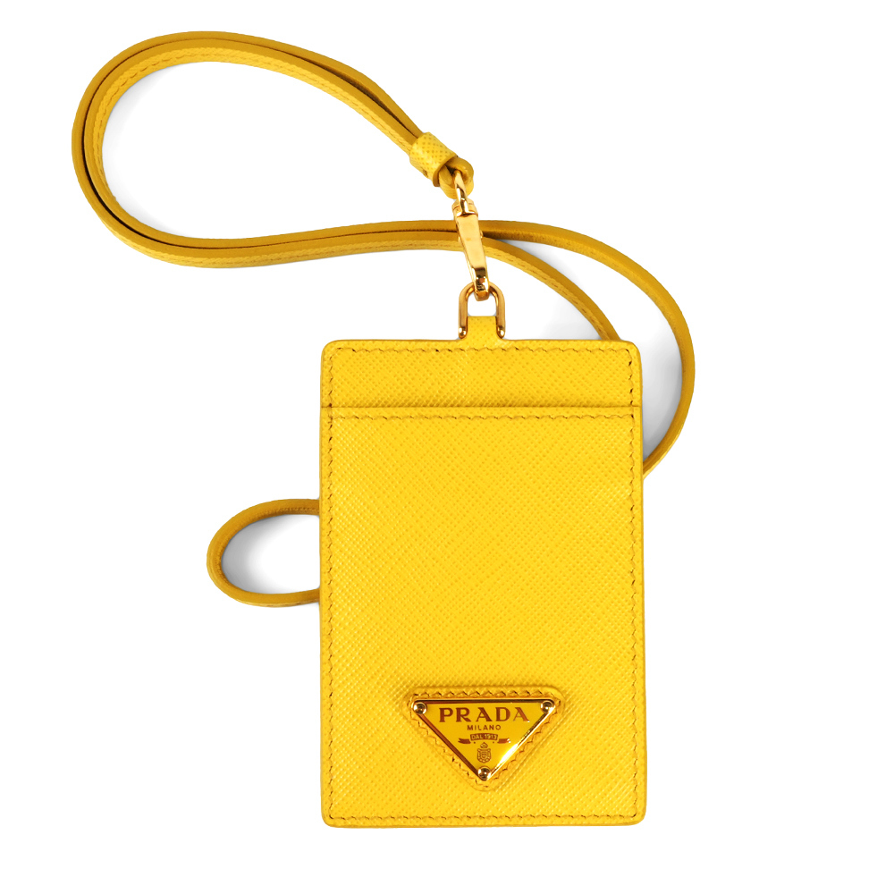【Prada】三角牌Logo 防刮皮革掛式證件套/卡夾(豔陽黃)