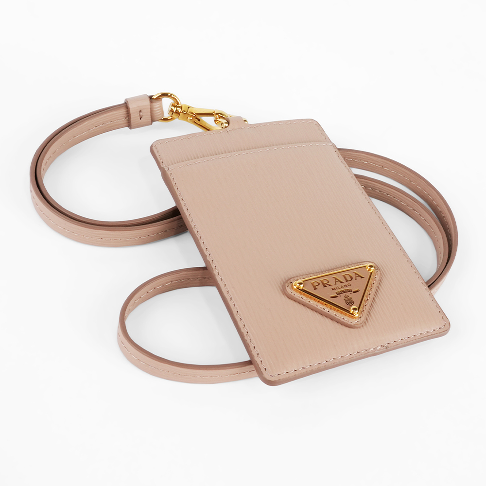 【Prada】金色三角牌Logo 水波紋皮革掛式證件套/卡夾(藕粉色)