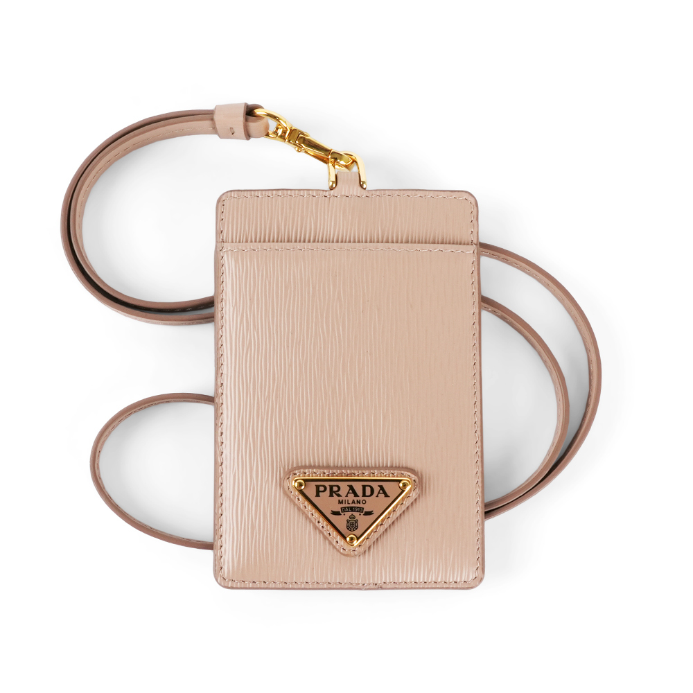【Prada】金色三角牌Logo 水波紋皮革掛式證件套/卡夾(藕粉色)