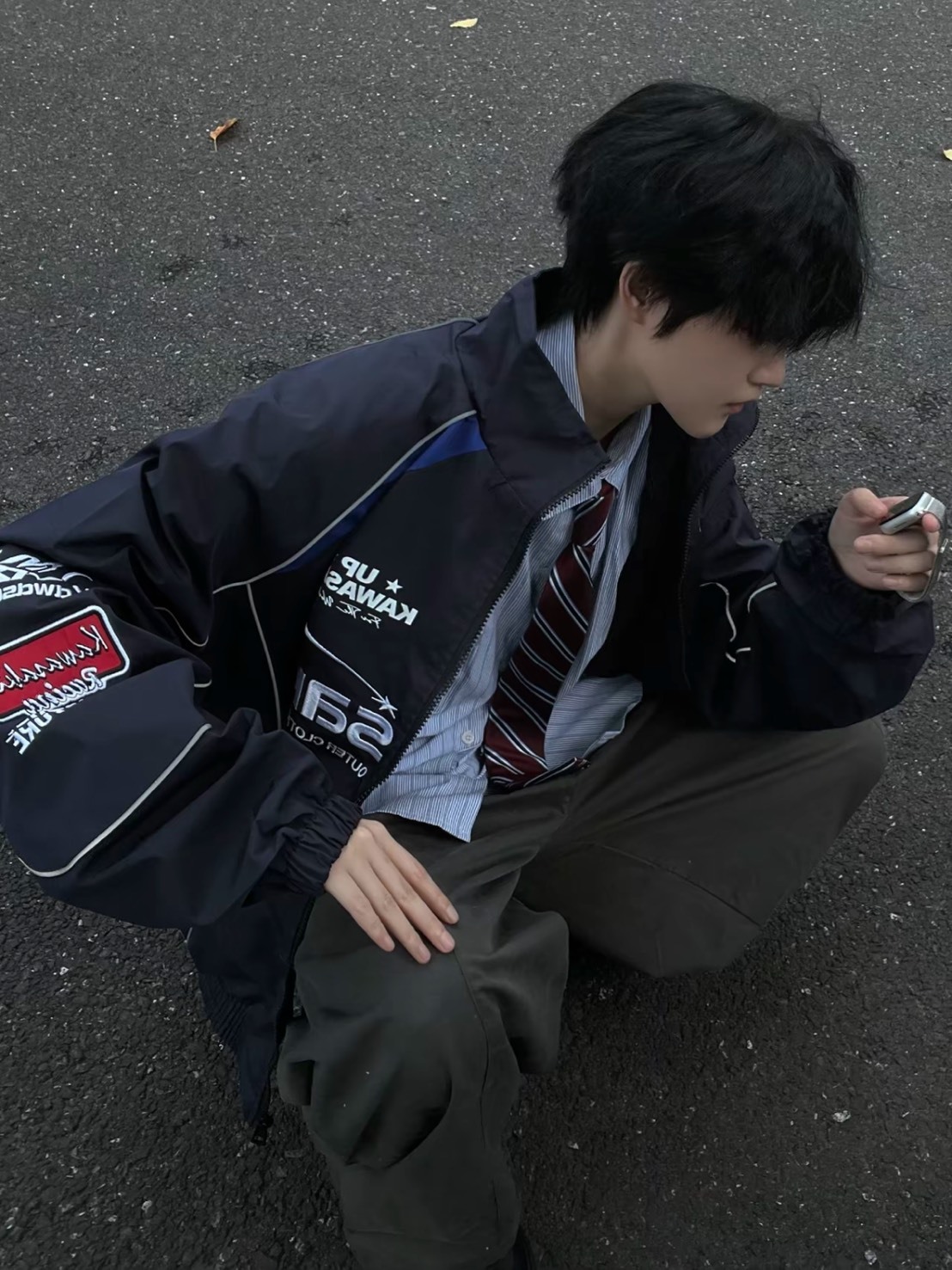 KAWASAKI 美式復古賽車風 撞色拼接立領外套