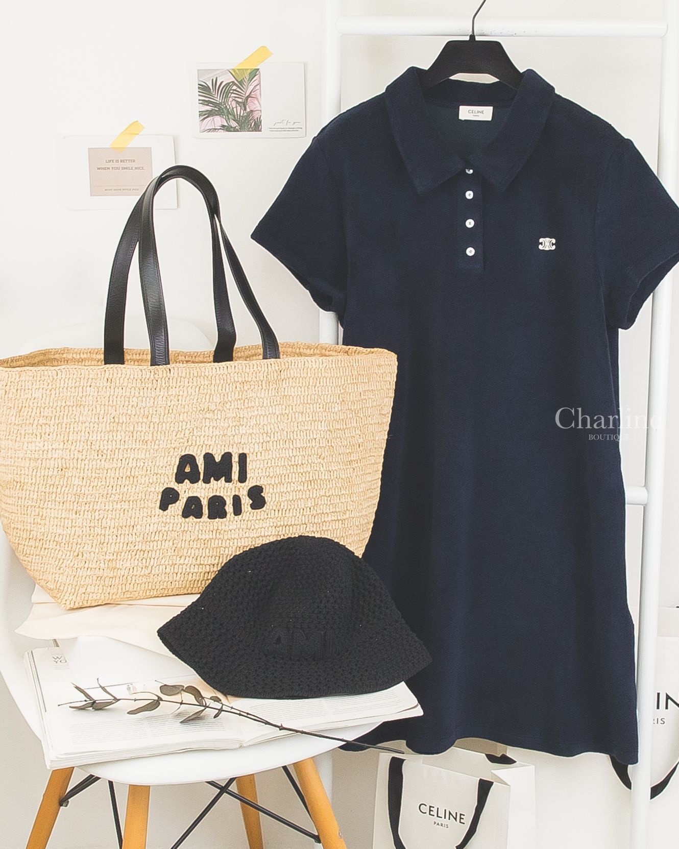 Celine 海軍藍奶油白刺繡凱旋門毛巾布棉質Polo領短袖洋裝,Ami Paris 自然色黑色編織立體字母黑色皮革提把手提肩背草編包,Ami Paris 黑色字母棉質編織鐘形漁夫帽-Charline Boutique 精品代購