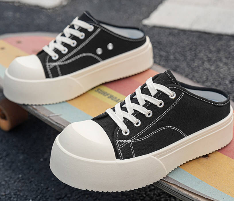 懶人福音！黑色帆布厚底增高奶油頭半貼鞋（增高5cm）