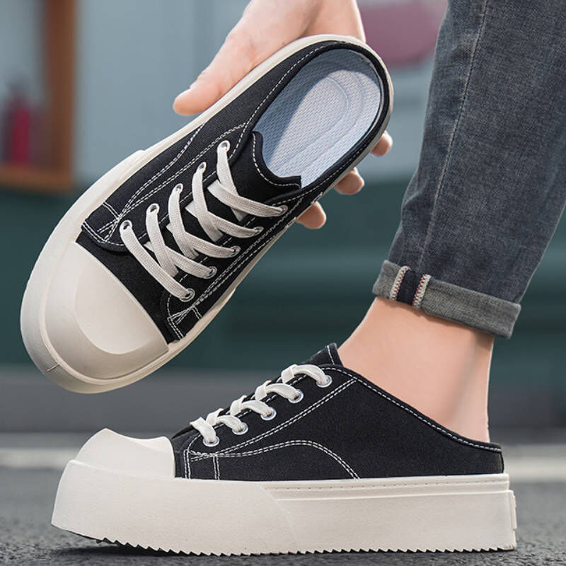 懶人福音！黑色帆布厚底增高奶油頭半貼鞋（增高5cm）