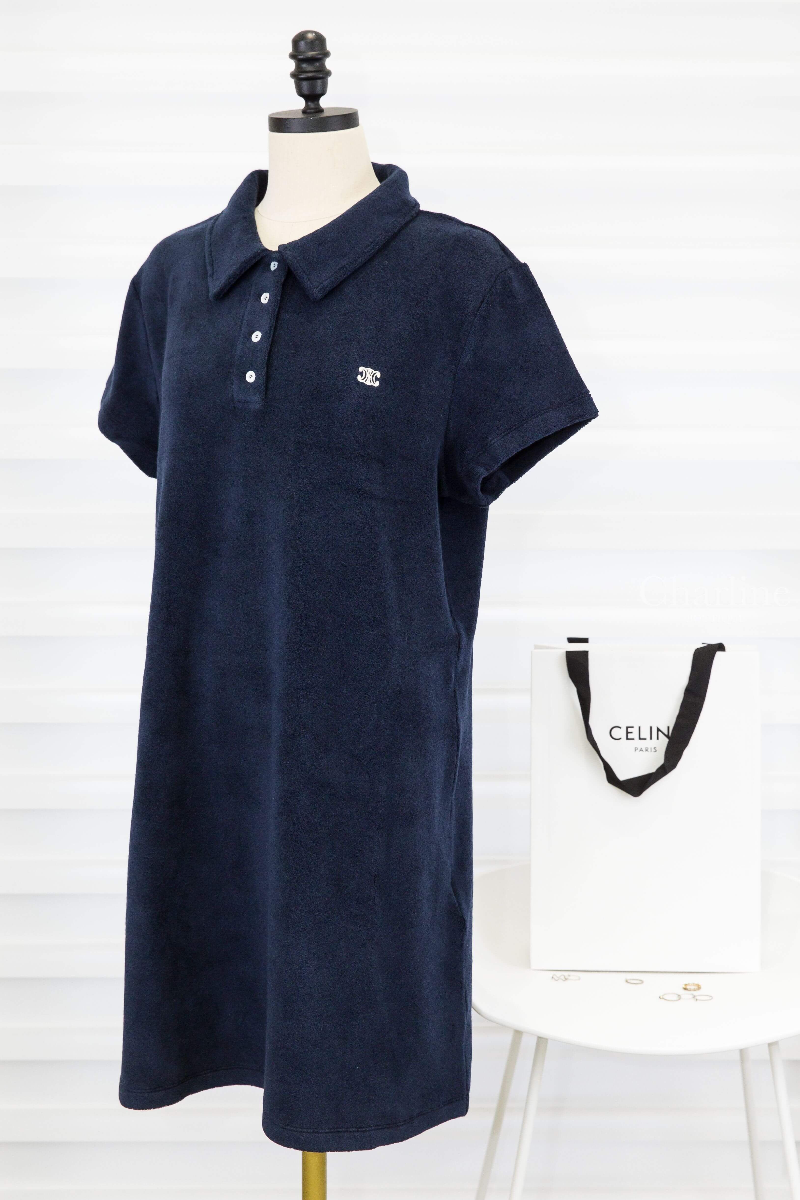 Celine Mini Polo Dress In Terry Cotton 海軍藍奶油白刺繡凱旋門毛巾布棉質Polo領短袖洋裝-Charline Boutique 精品代購