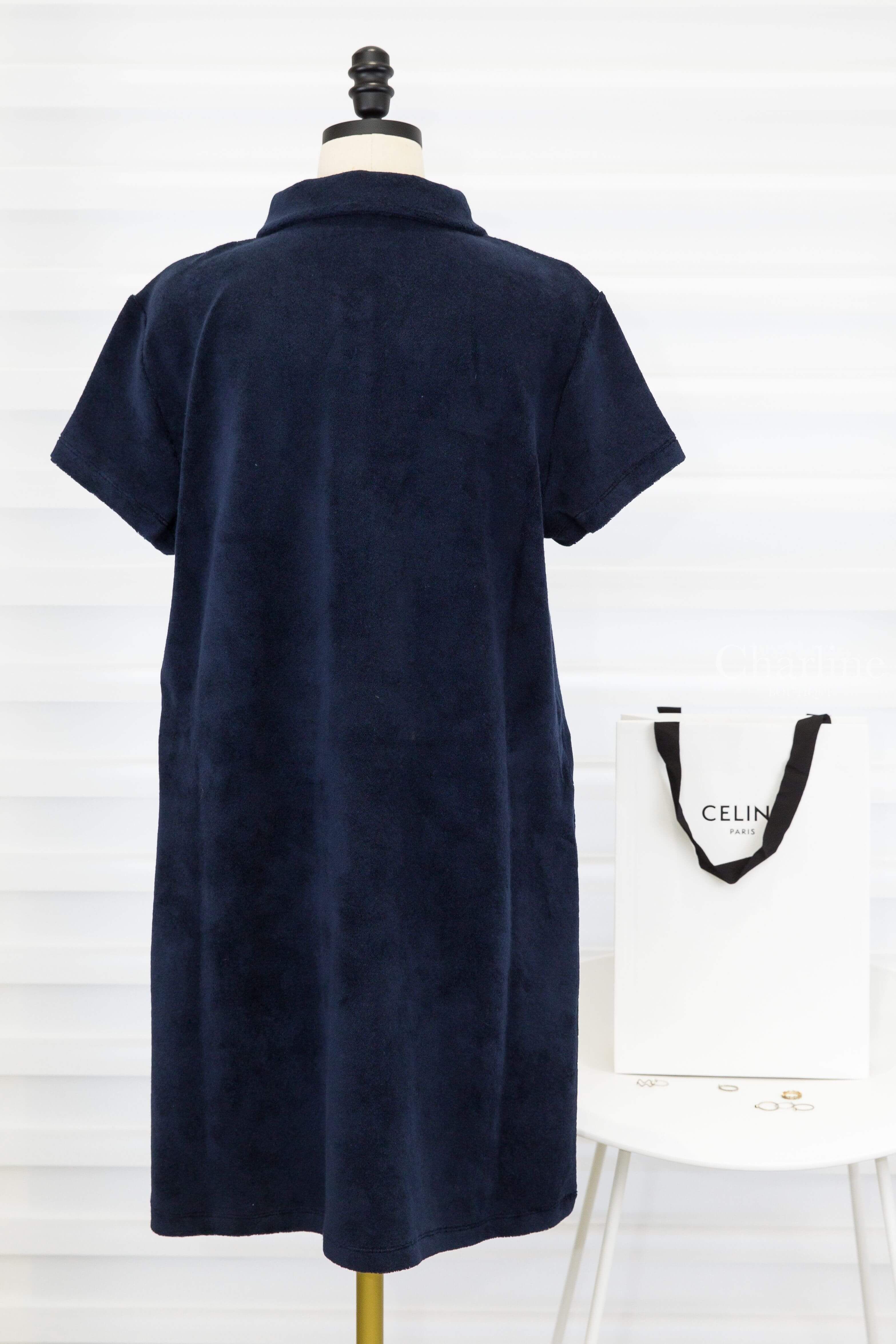 Celine Mini Polo Dress In Terry Cotton 海軍藍奶油白刺繡凱旋門毛巾布棉質Polo領短袖洋裝-Charline Boutique 精品代購