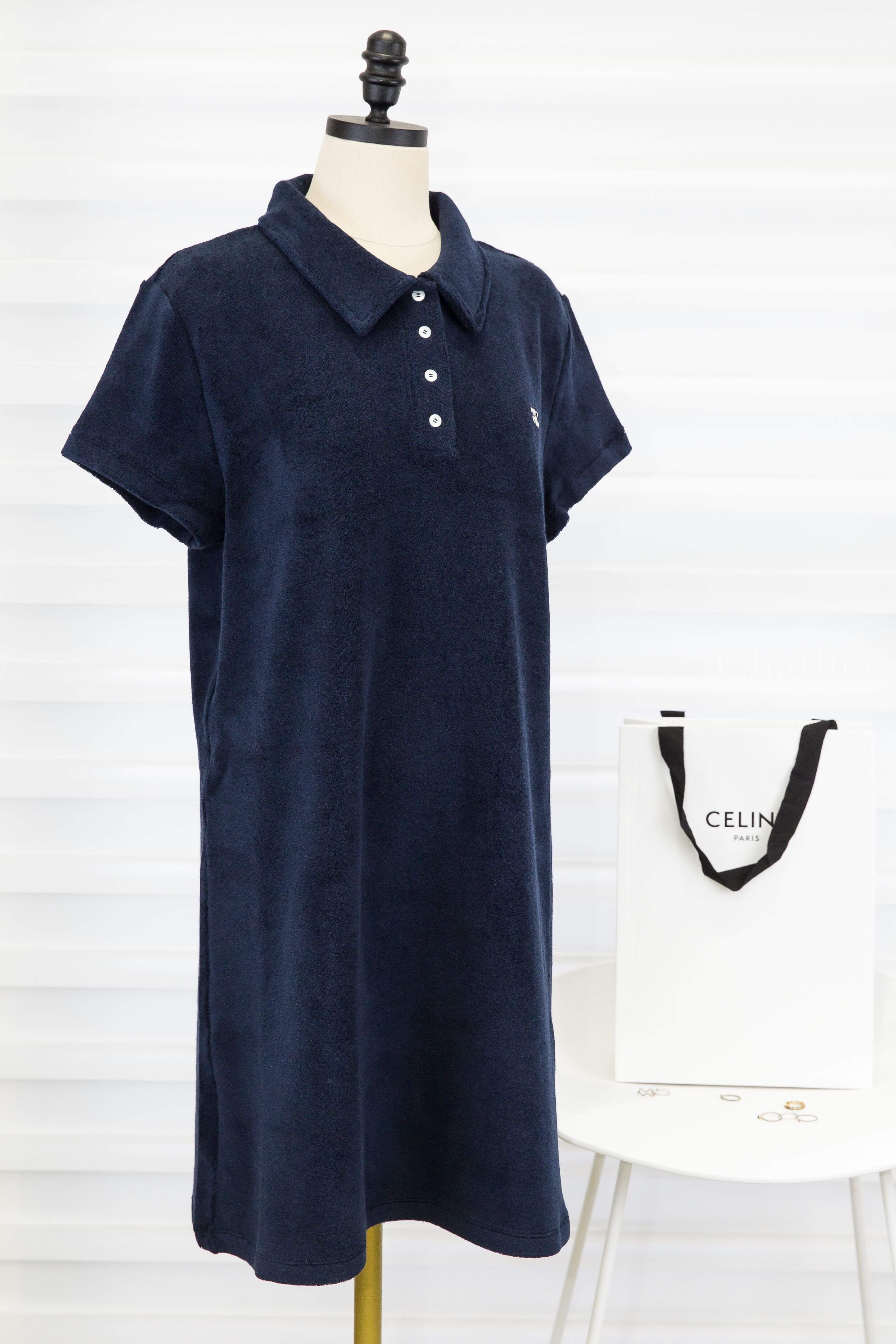 Celine Mini Polo Dress In Terry Cotton 海軍藍奶油白刺繡凱旋門毛巾布棉質Polo領短袖洋裝-Charline Boutique 精品代購
