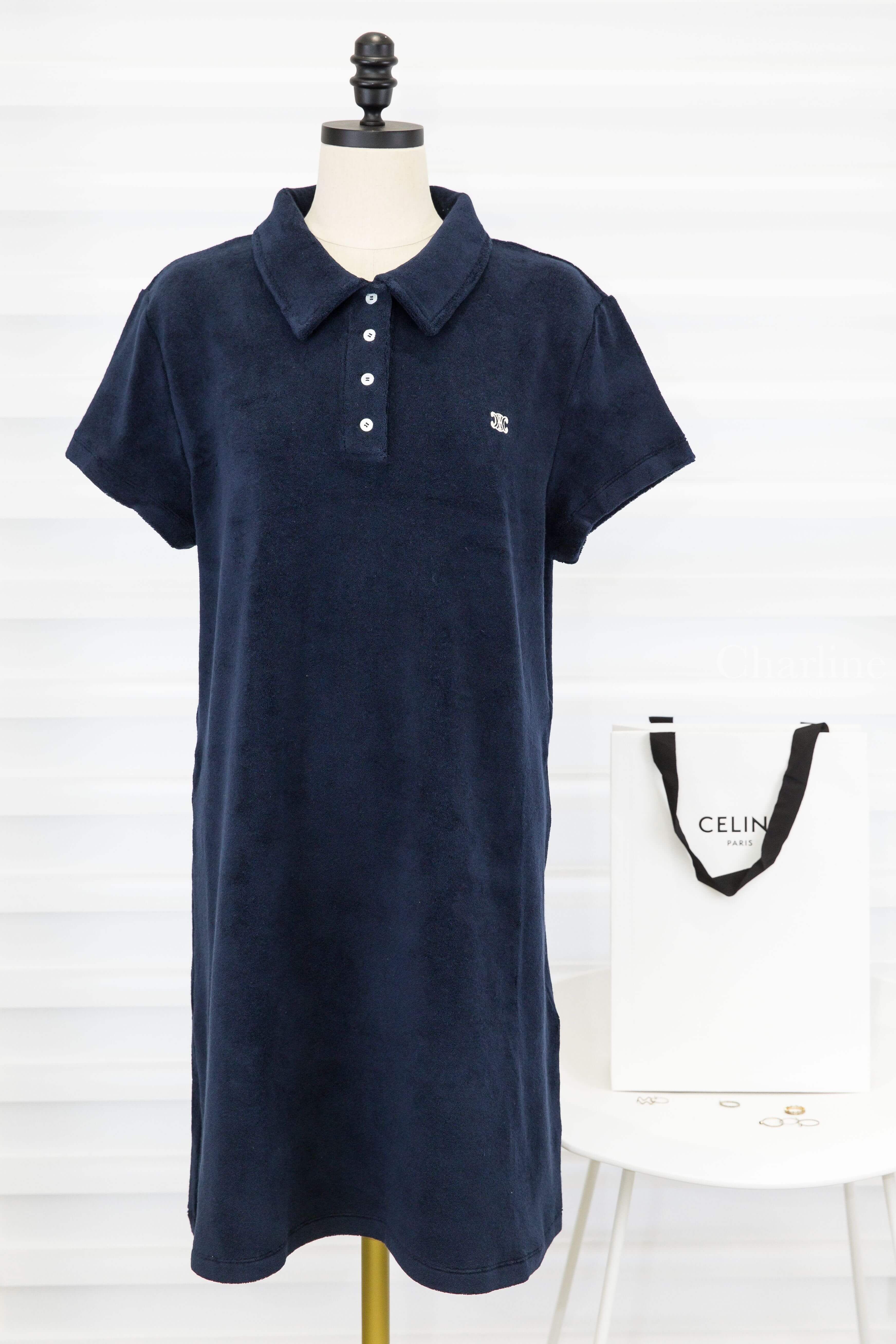 Celine Mini Polo Dress In Terry Cotton 海軍藍奶油白刺繡凱旋門毛巾布棉質Polo領短袖洋裝