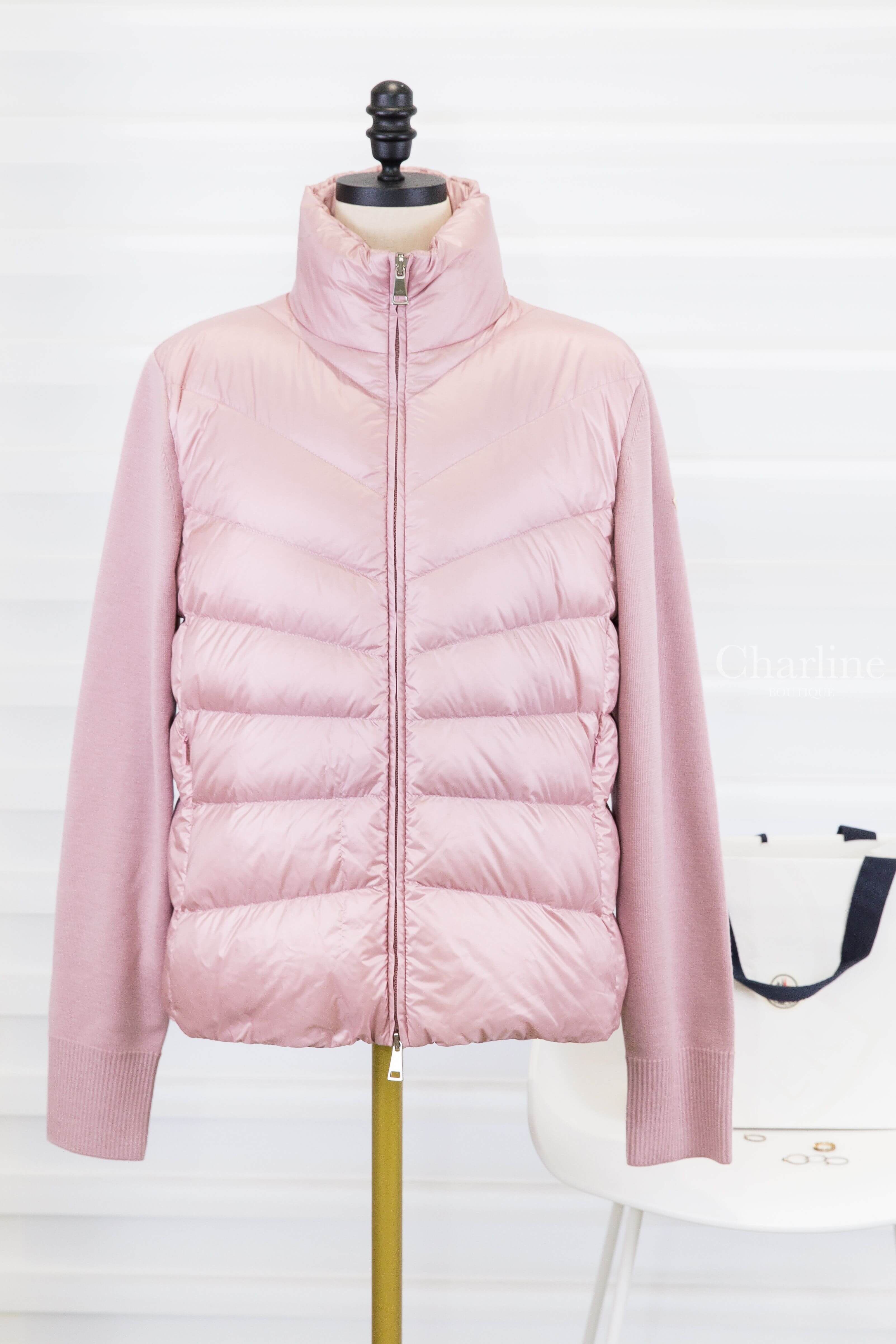 Moncler Padded Wool Cardigan 粉紅色拼接針織小立領羽絨外套-Charline Boutique 精品代購