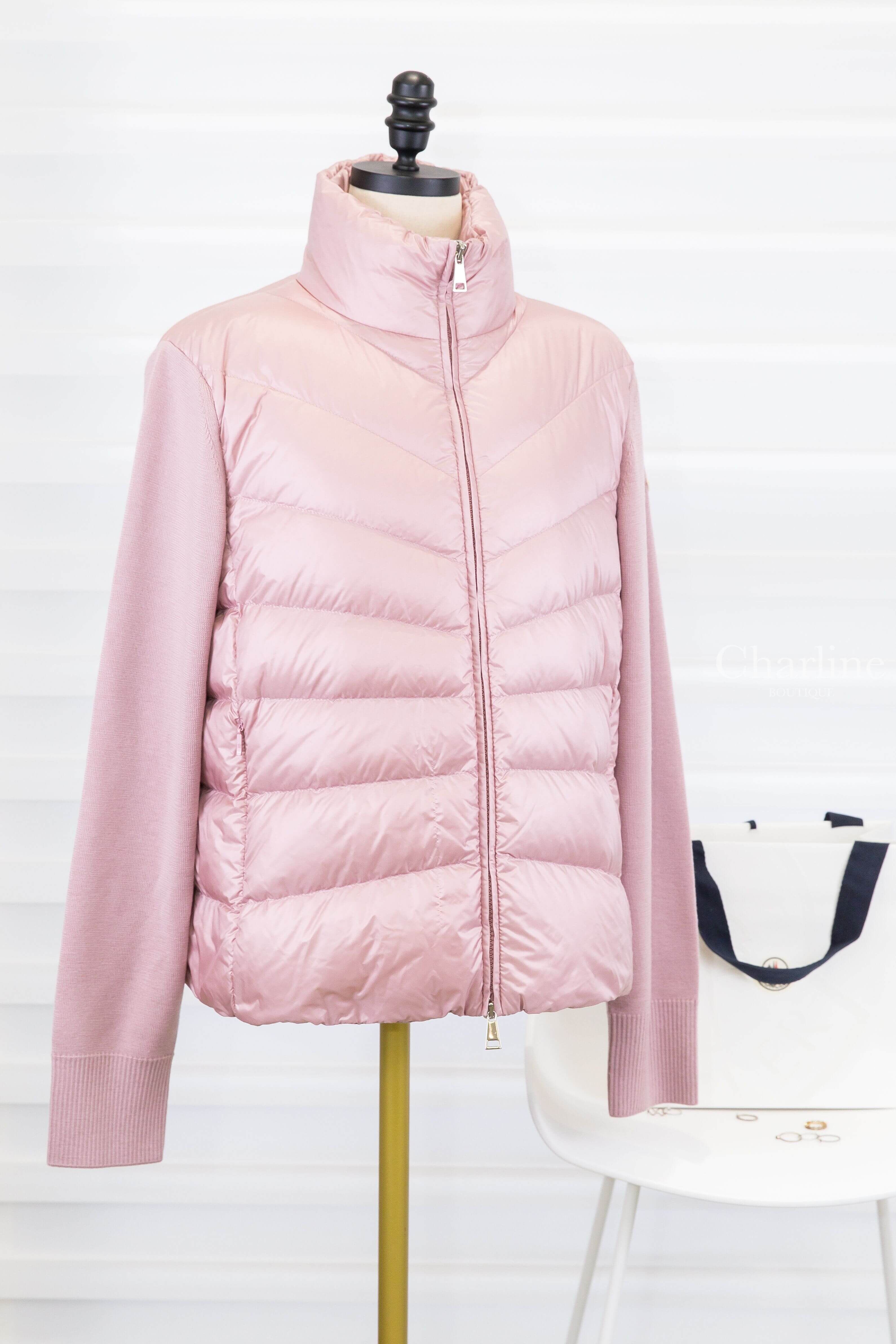 Moncler Padded Wool Cardigan 粉紅色拼接針織小立領羽絨外套-Charline Boutique 精品代購