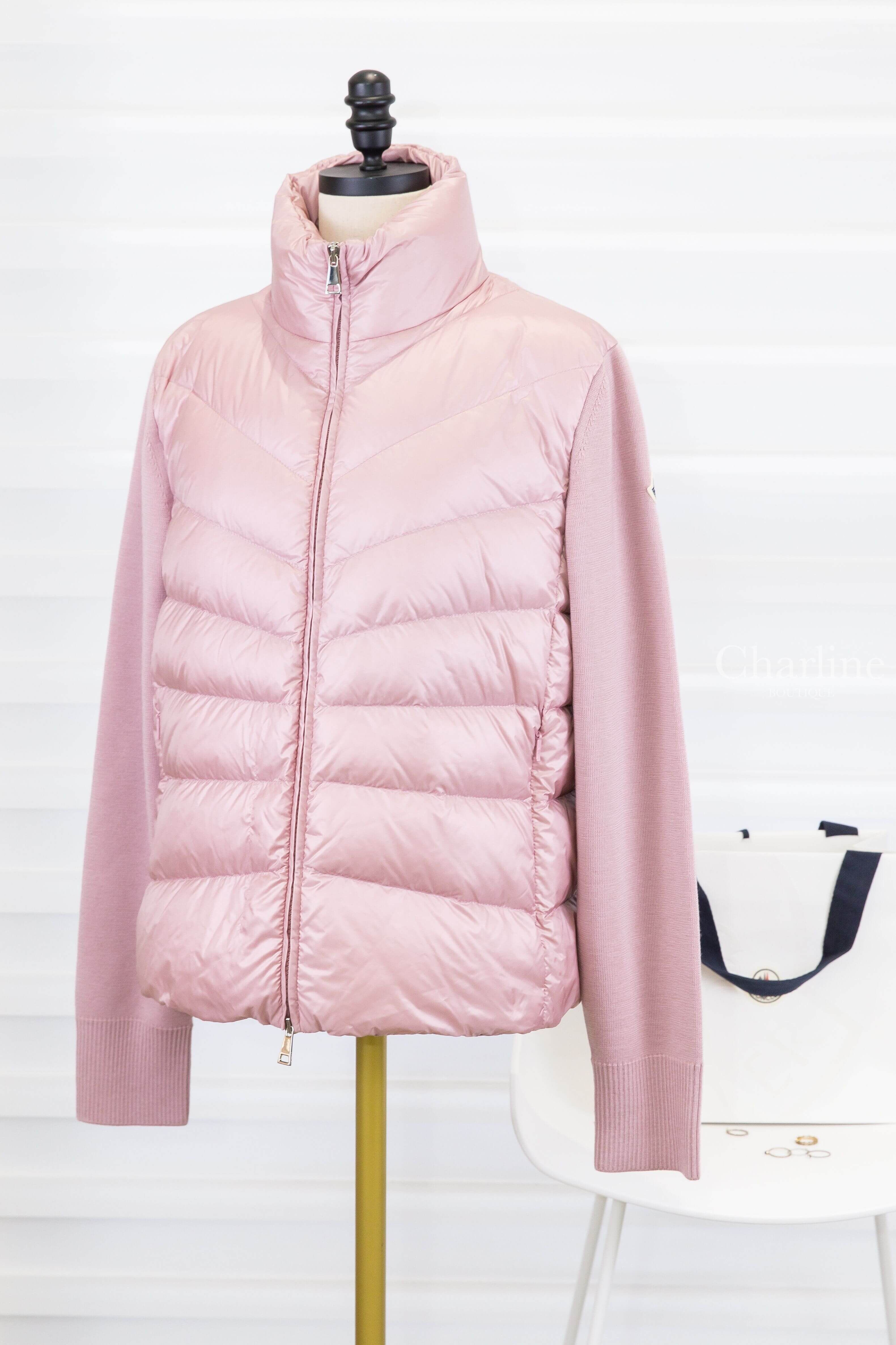 Moncler Padded Wool Cardigan 粉紅色拼接針織小立領羽絨外套-Charline Boutique 精品代購