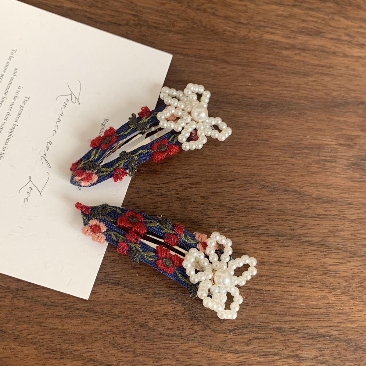 #N/A - 春夏碎花珍珠髮夾 1對裝 (藏藍色)