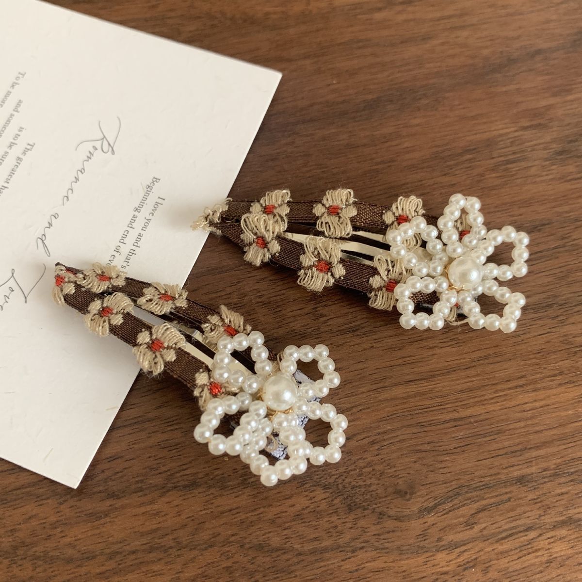 #N/A - 春夏碎花珍珠髮夾 1對裝 (啡色)