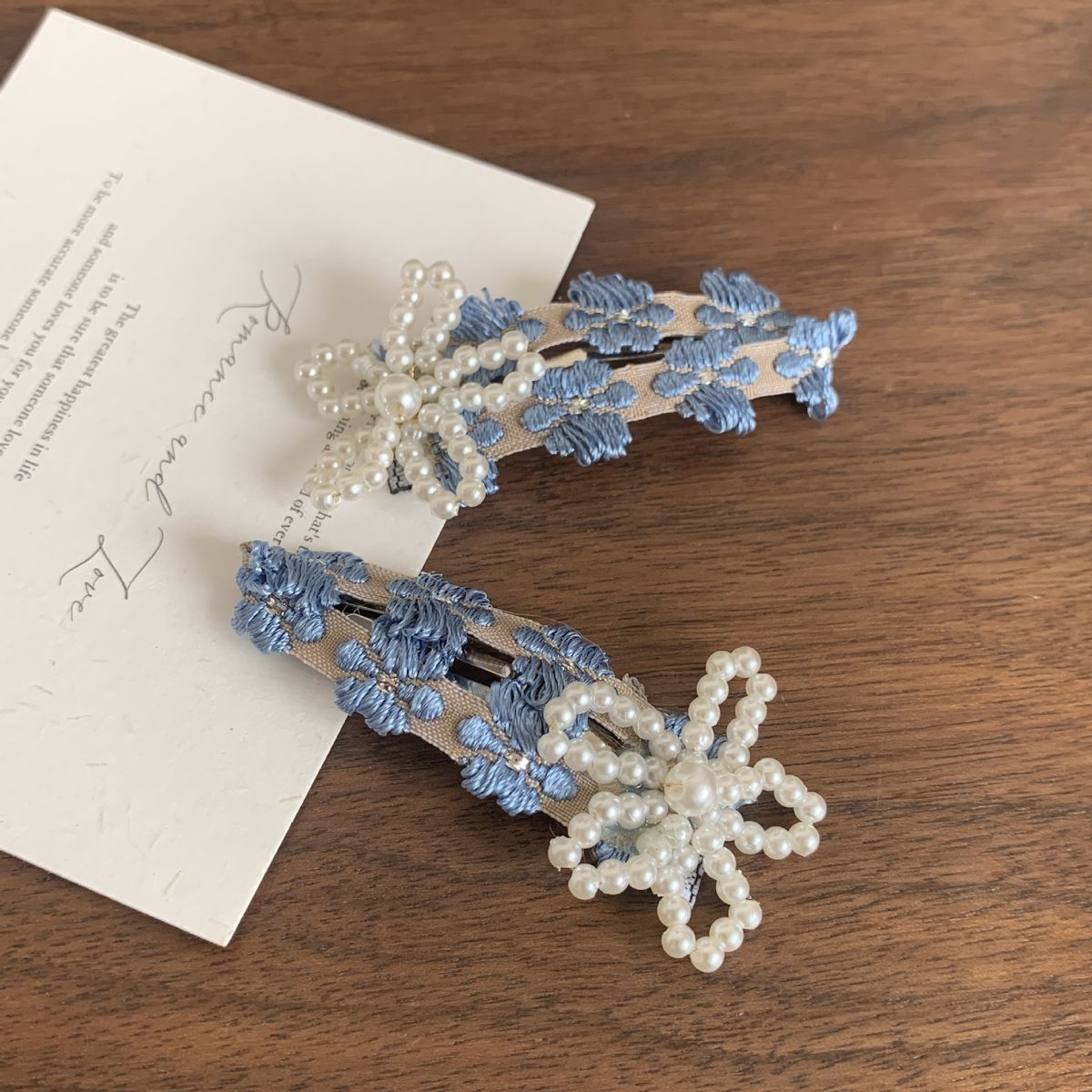 #N/A - 春夏碎花珍珠髮夾 1對裝 (藍色)