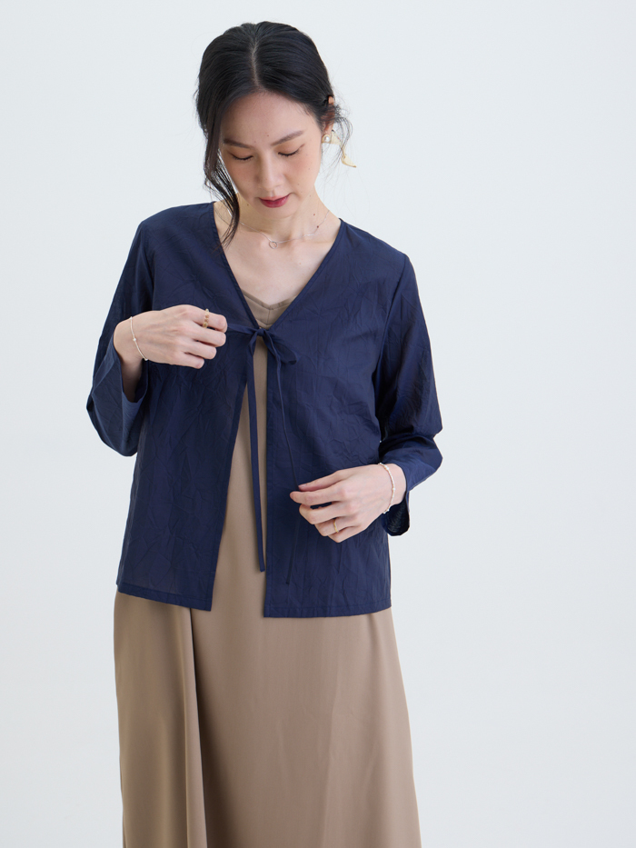 皺光日和長袖罩衫-藏青