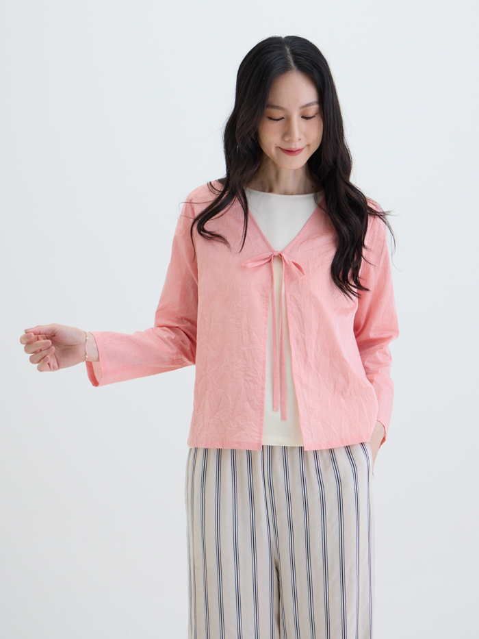 皺光日和長袖罩衫-粉淡橘