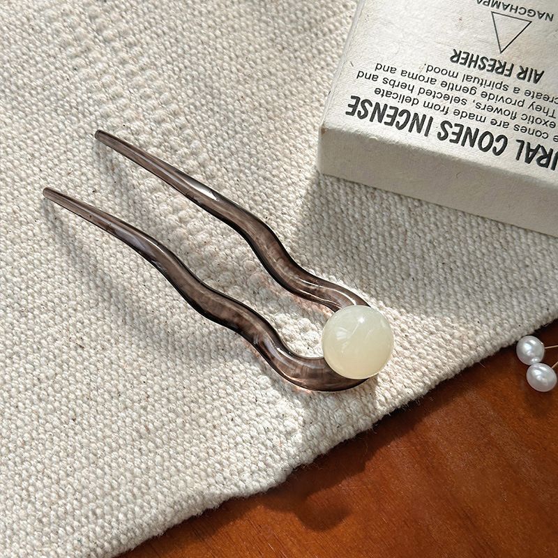 #N/A - 中式復古 盤髮U型髮簪 (晶透灰)