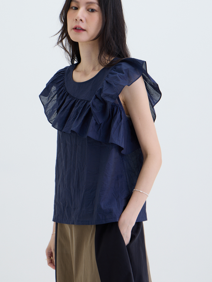 皺光日和花邊無袖上衣-藏青