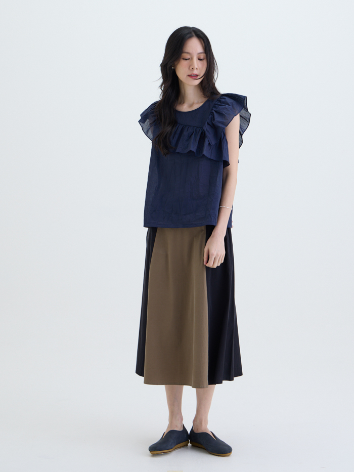 皺光日和花邊無袖上衣-藏青