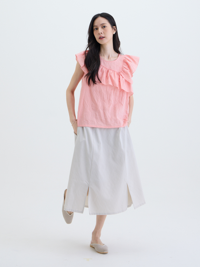 皺光日和花邊無袖上衣-粉淡橘