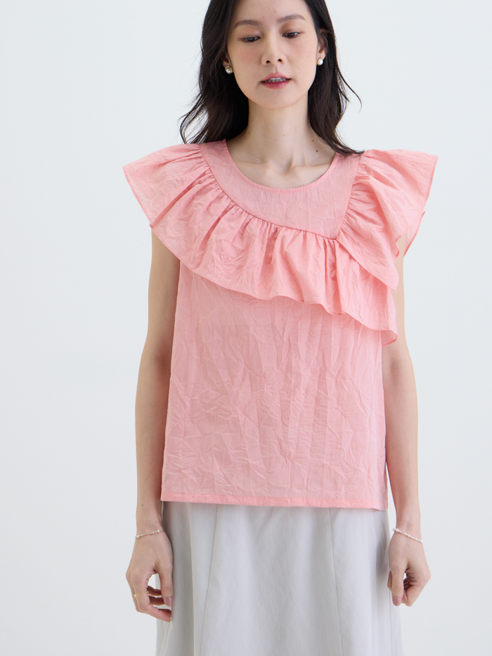 皺光日和花邊無袖上衣-粉淡橘