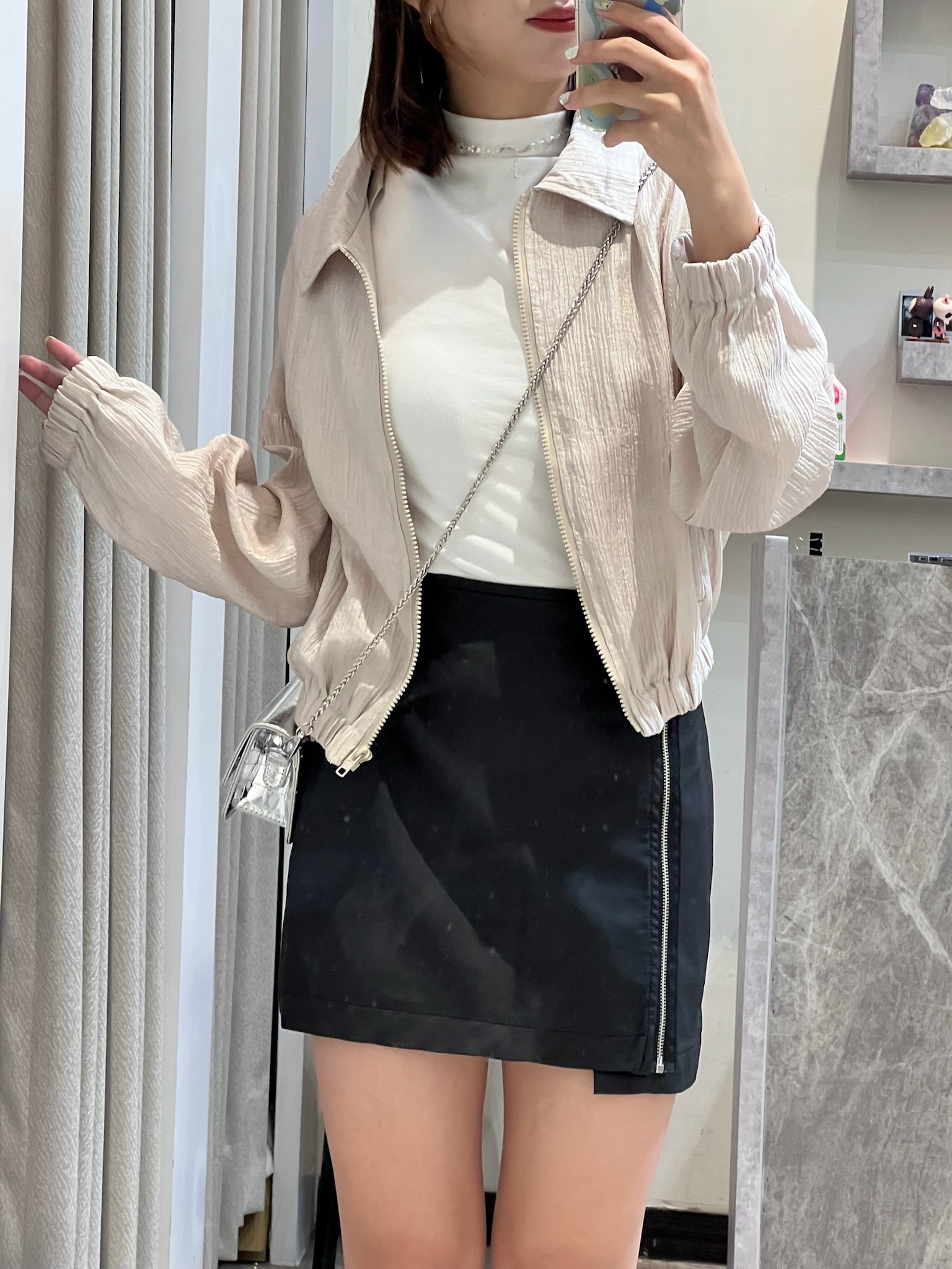 皺皺布拉鏈外套