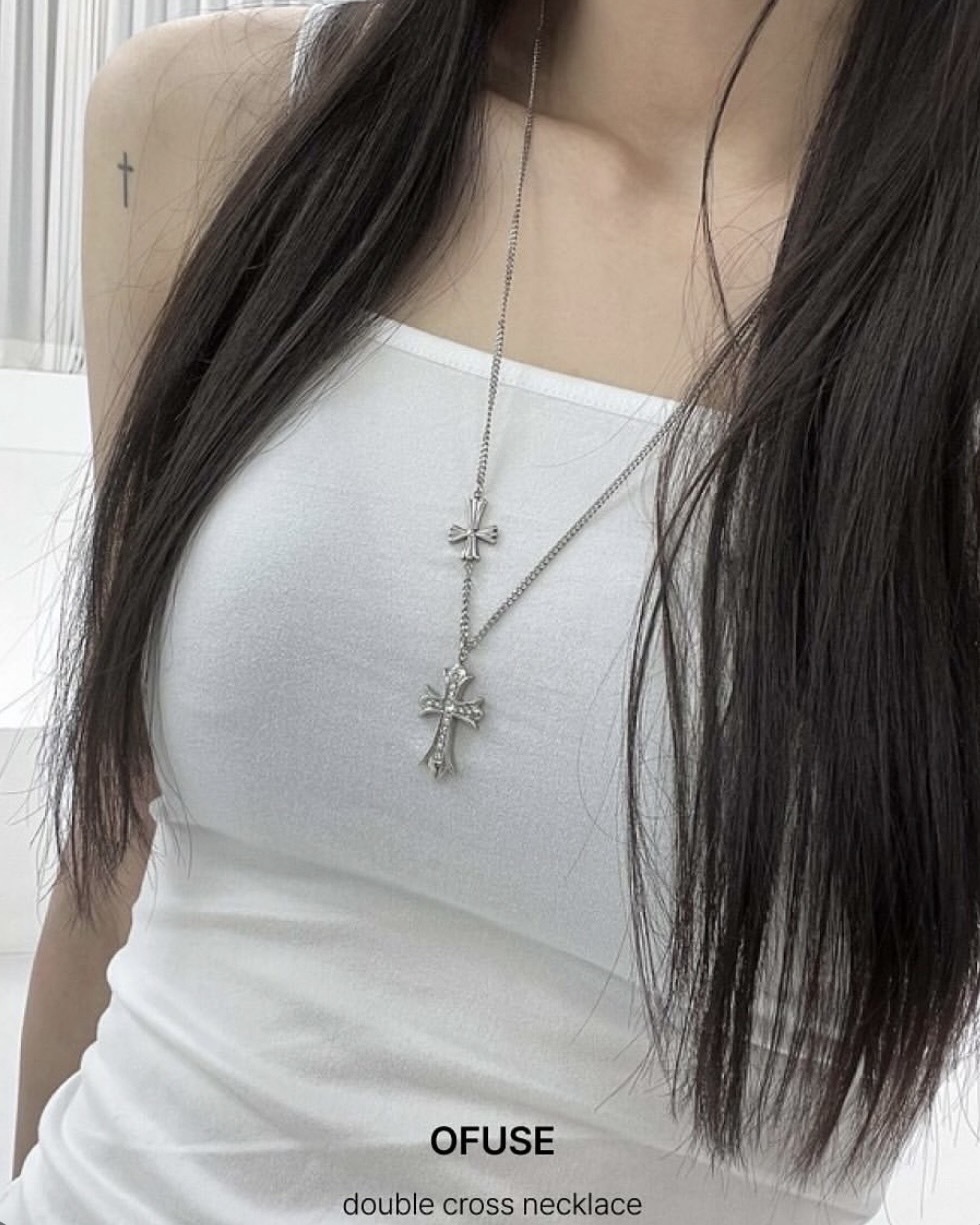 <超熱銷🔥>韓國 OFUSE double cross necklace 克羅心 水鑽 十字架 鋼 項鍊