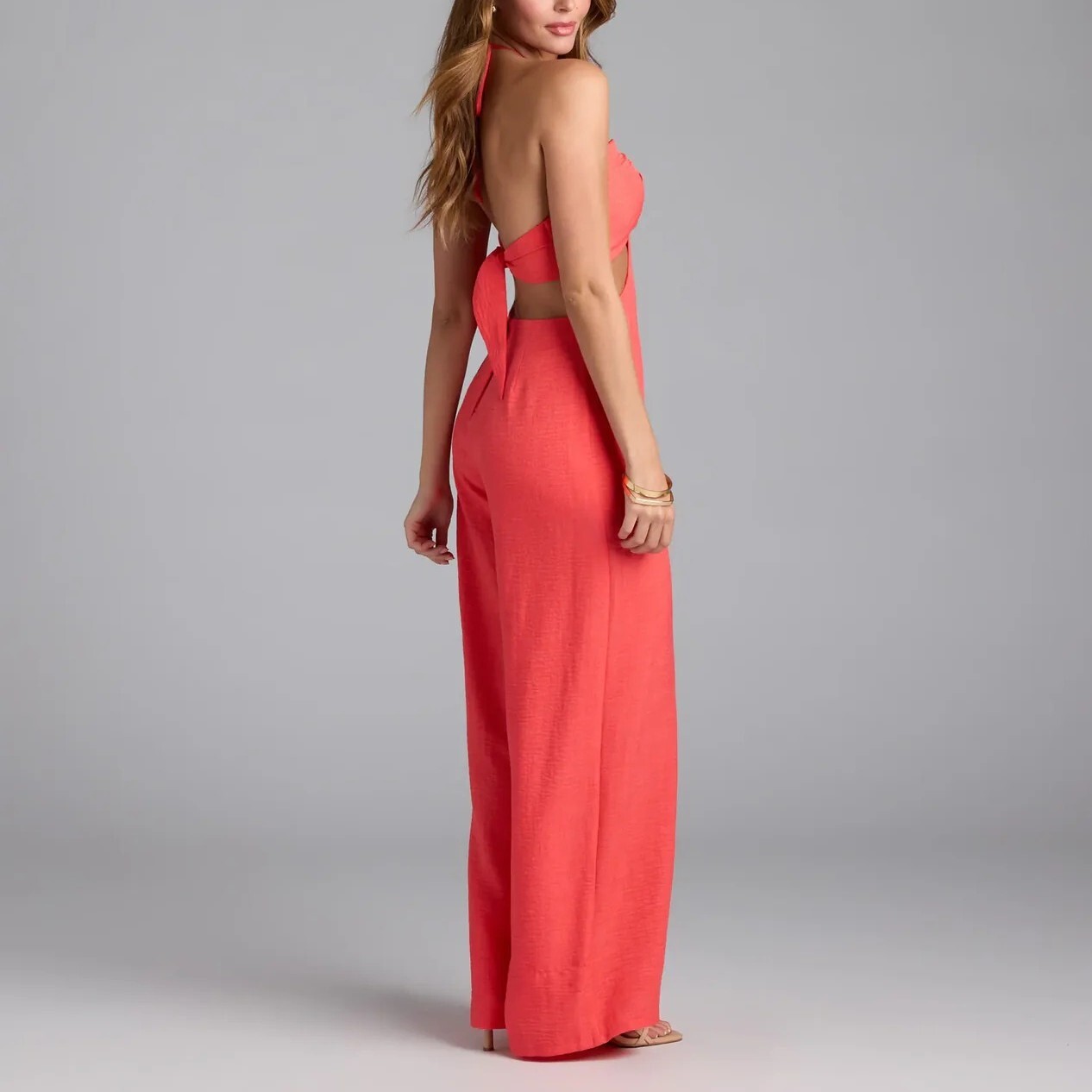 Coral珊瑚紅色亞麻交叉繞脖Cutout露背綁帶連身長寬褲Jumpsuit